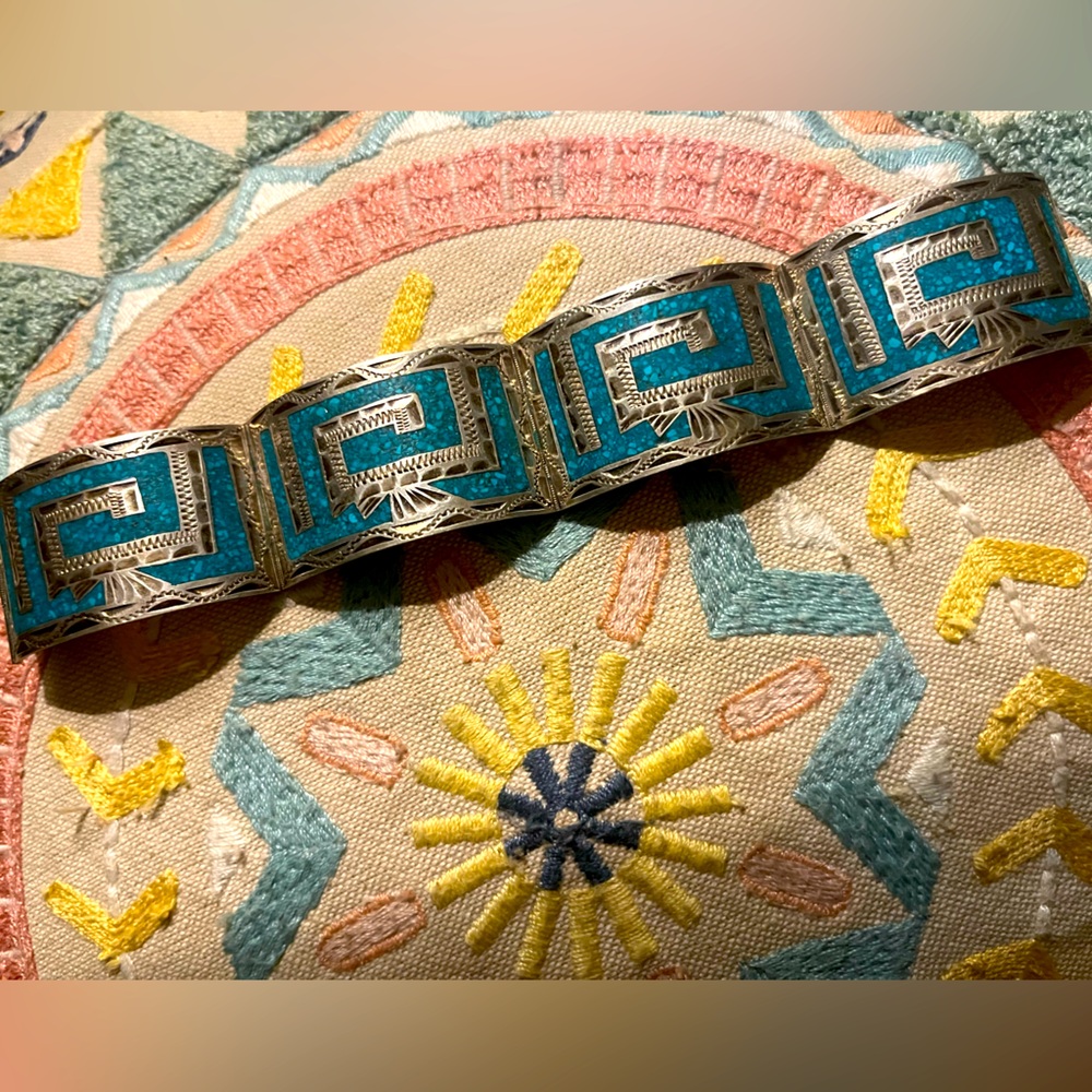 Vintage STERLING TURQUOISE NATIVE GREEK KEY Bracelet 7.5 size 1” width